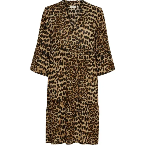 Leopardenmuster Kleid 3/4 Ärmel , Damen, Größe: S - Kaffe - Modalova