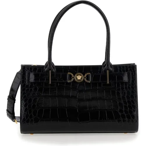 Schwarze Tote Tasche mit Krokodileffekt-Leder - Versace - Modalova