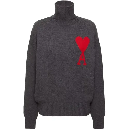 Grey Wool Jumper with Logo Motif , female, Sizes: XS, M - Ami Paris - Modalova