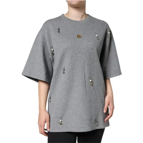 Graues verziertes Rundhals-T-Shirt - Dolce & Gabbana - Modalova