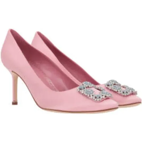 Silk Satin Heeled Décolleté with Multicolored Jewel Buckle , female, Sizes: 6 UK, 5 1/2 UK - Manolo Blahnik - Modalova