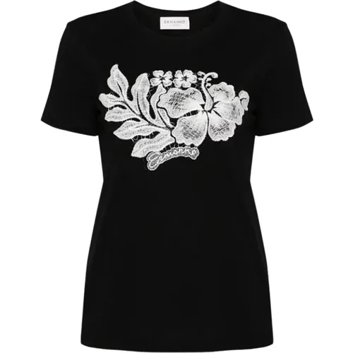 Blumenbesticktes Baumwoll-T-Shirt , Damen, Größe: S - Ermanno Scervino - Modalova