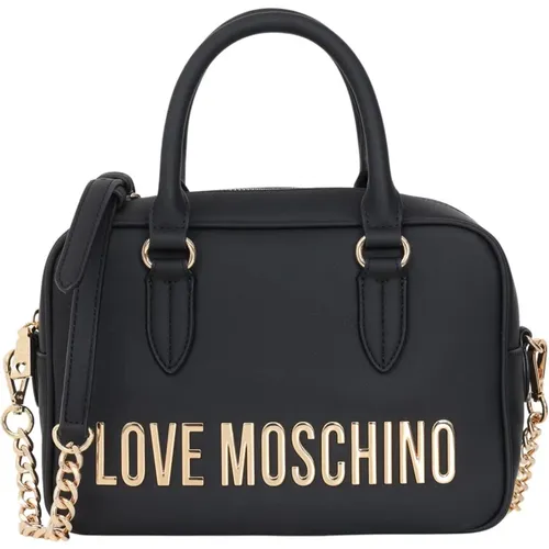 Schwarze Damenhandtasche mit goldener Beschriftung und Kettenriemen , Damen, Größe: ONE Size - Love Moschino - Modalova