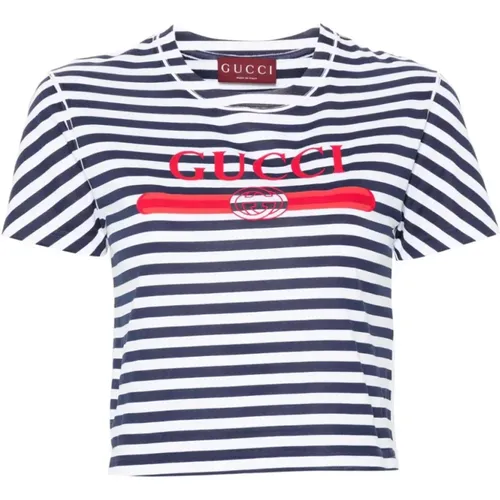 Gestreiftes Jersey T-Shirt Weiß Vintage Logo , Damen, Größe: M - Gucci - Modalova