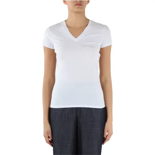 Cotton V-neck T-shirt with embroidered logo , female, Sizes: S - Armani Exchange - Modalova