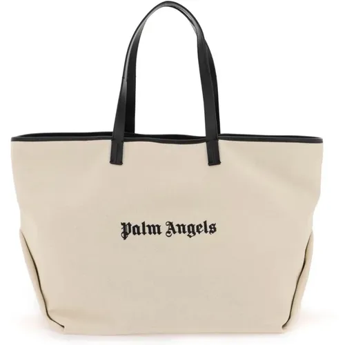 Canvas Tote Bag mit Lederbesatz und Besticktem Logo - Palm Angels - Modalova
