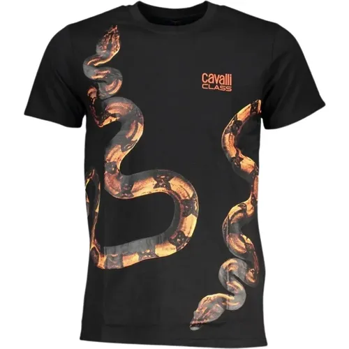 Schwarzes Baumwoll-T-Shirt mit Druck-Logo , Herren, Größe: 2XL - Cavalli Class - Modalova