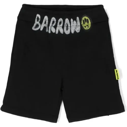 Kinder Schwarze Baumwoll-Sportshorts mit bedrucktem Logo,Schwarze Gestrickte Distressed Logo Bermuda Shorts - Barrow - Modalova