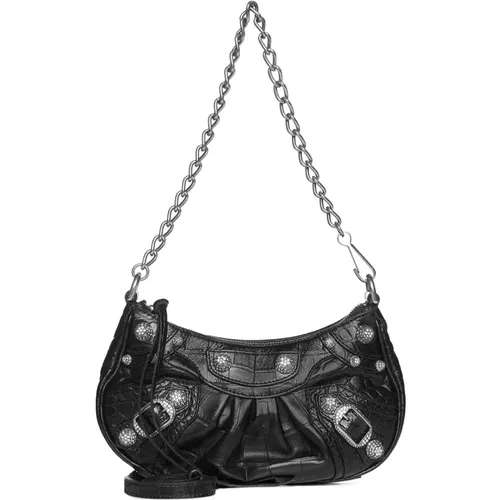 Schwarze Taschen - Le Cagole Mini,Schwarze Schultertasche mit Krokodil-Print, Nieten und Schnallen - Balenciaga - Modalova