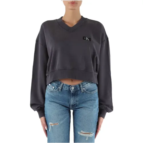 Cotton V-neck sweatshirt with logo patch , female, Sizes: M, XS, L, S - Calvin Klein Jeans - Modalova