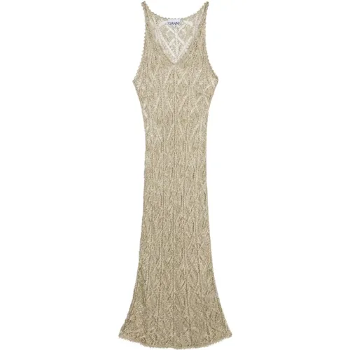 Golden Metallic V-Neck Midi Dress , female, Sizes: S, M - Ganni - Modalova