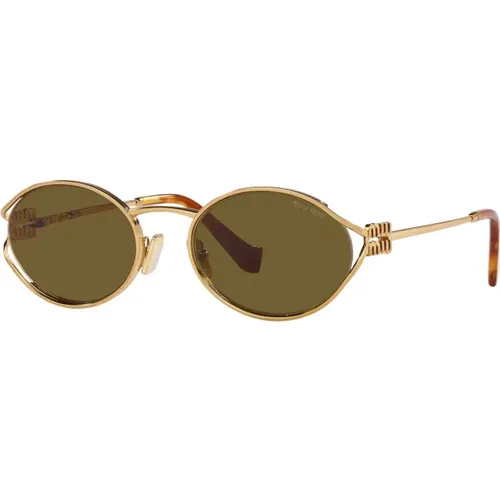 Brass Gold/Dark Brown Sunglasses , female, Sizes: 54 MM - Miu Miu - Modalova