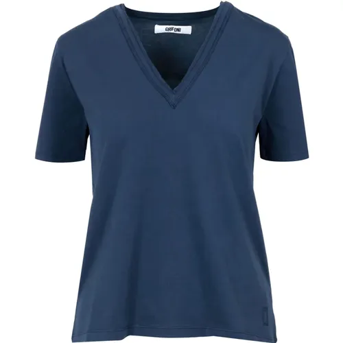 Blaues V-Ausschnitt Baumwoll-T-Shirt , Damen, Größe: S - Mauro Grifoni - Modalova