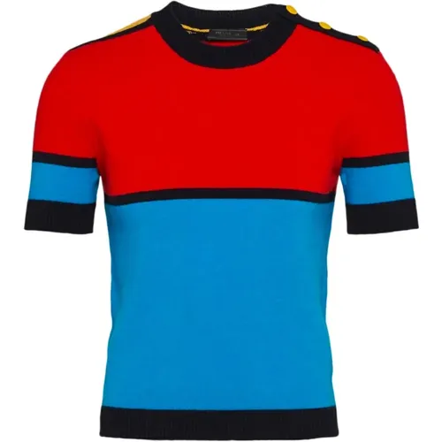 Blauer Strick-T-Shirt mit Besticktem Logo - Prada - Modalova