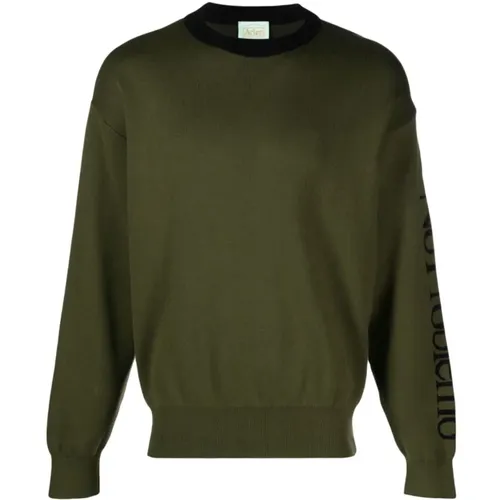 Olive Sweater with Black Collar , male, Sizes: S, L, XL, M - Aries - Modalova