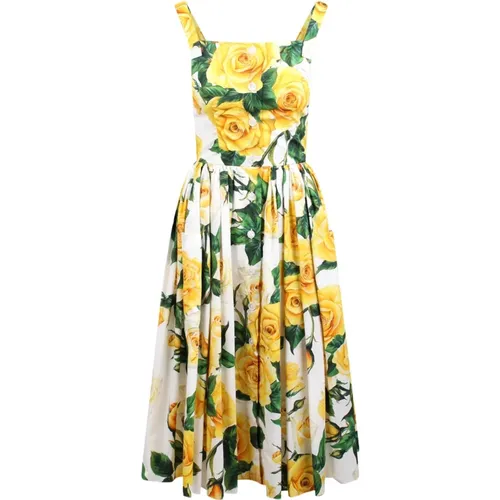 Rose-print cotton midi dress , female, Sizes: XS - Dolce & Gabbana - Modalova