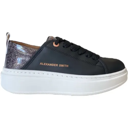 Schwarzer Ledersneaker mit Glitzerdetail , Damen, Größe: 38 EU - Alexander Smith - Modalova