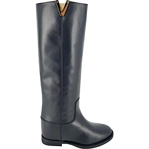 Schwarze Tubuläre Lederstiefel mit Goldenem 'V' Detail , Damen, Größe: 37 1/2 EU - Via Roma 15 - Modalova