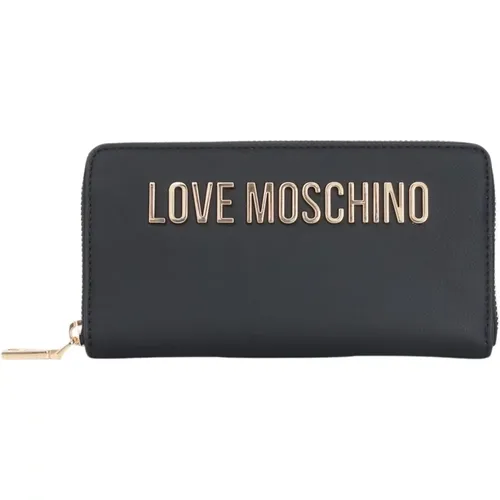 Schwarze Geldbörse mit goldener Reißverschluss,Schwarze Geldbörsen für Frauen,Damen Geldbörse aus Kunstleder mit Reißverschluss und Metall-Logo - Love Moschino - Modalova