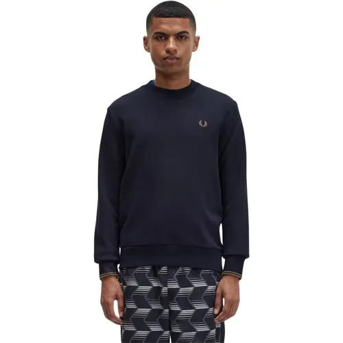 Baumwoll-Rundhals-Sweatshirt mit gerippten Bündchen , Herren, Größe: L - Fred Perry - Modalova