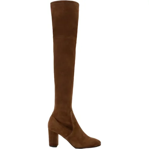 Stretch-Wildleder Cognac Knie Stiefel , Damen, Größe: 38 EU - Parallele - Modalova