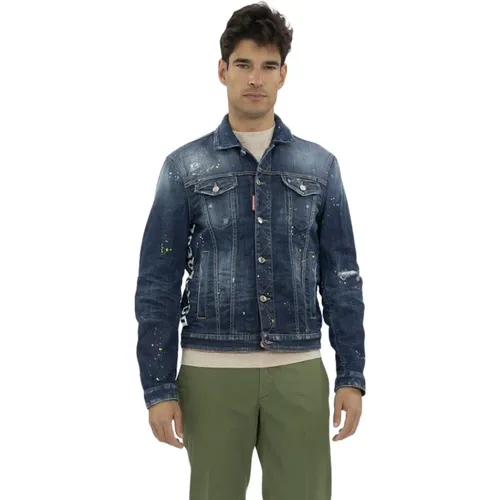 Slim-Fit Paint Splash Denim Jacket , male, Sizes: L, S, M - Dsquared2 - Modalova