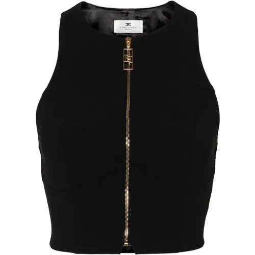 Schwarzes Crop Top mit Olympischem Ausschnitt,Schwarzes Slim Fit Top mit Monogramm-Futter - Elisabetta Franchi - Modalova