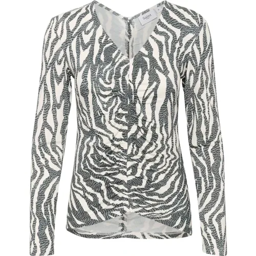 Zebra Graphic Blouse with Ruched Front , female, Sizes: M - Saint Tropez - Modalova