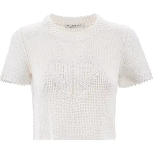 Weiße Häkelsweater mit 'Double P' Logo , Damen, Größe: S - Philosophy di Lorenzo Serafini - Modalova