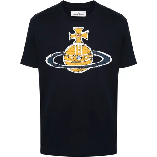 Blaue Baumwoll-T-Shirts und Polos mit Unterschrift Orb Logo , Herren, Größe: M - Vivienne Westwood - Modalova