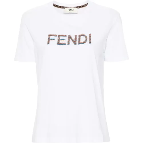 Sequin Embroidered Crew Neck T-shirt , female, Sizes: M, L - Fendi - Modalova