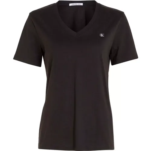 Schwarzes T-Shirt mit gesticktem Abzeichen V-Ausschnitt , Damen, Größe: L - Calvin Klein Jeans - Modalova
