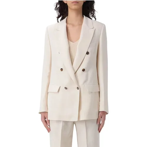 Double-breasted linen viscose jacket with flap pocket and contrast buttons , female, Sizes: M - Mauro Grifoni - Modalova