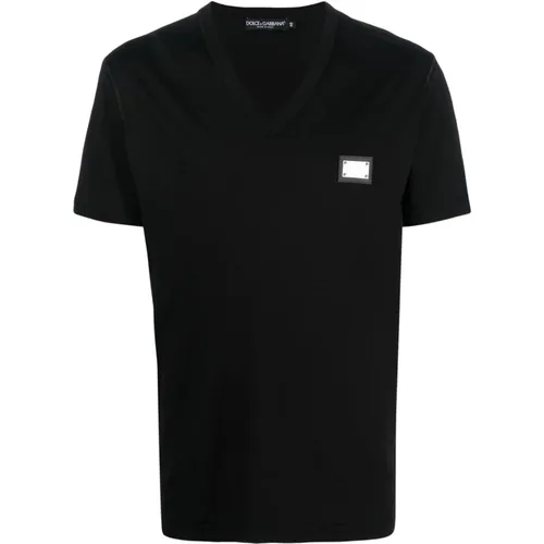 Schwarzes T-Shirt mit Logo-Plakette , Herren, Größe: XS - Dolce & Gabbana - Modalova