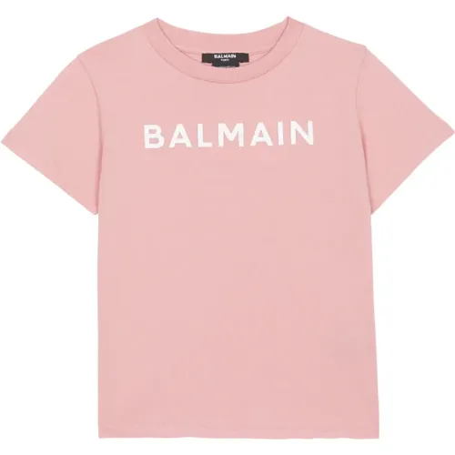 T-Shirt mit Logo,Rosa Junior Baumwoll T-Shirt mit Kontrastierendem Logo - Balmain - Modalova