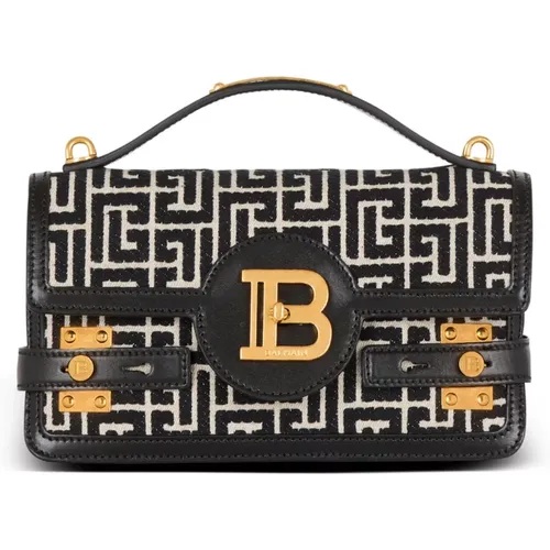 B-Buzz Shoulder 24 bag in calfskin and PB jacquard canvas , female, Sizes: ONE SIZE - Balmain - Modalova