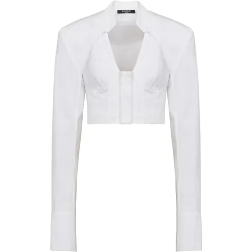 Cropped Cotton Shirt with Gold Buttons , female, Sizes: XS - Balmain - Modalova