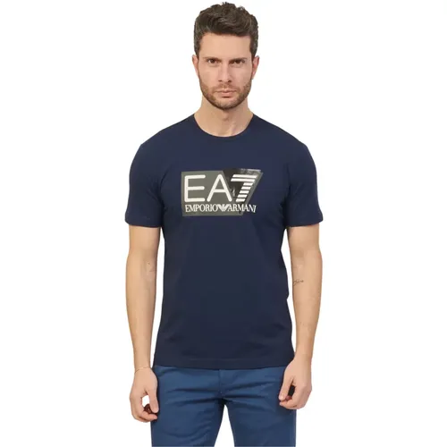 Blaues Baumwoll Herren T-shirt , Herren, Größe: 2XL - Emporio Armani EA7 - Modalova