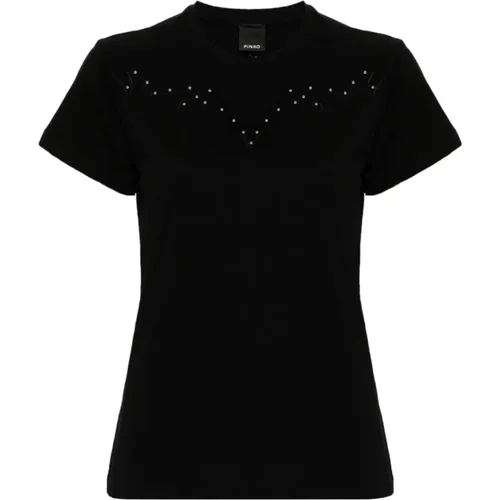 Schwarzes Baumwoll-Jersey besticktes T-Shirt , Damen, Größe: S - pinko - Modalova
