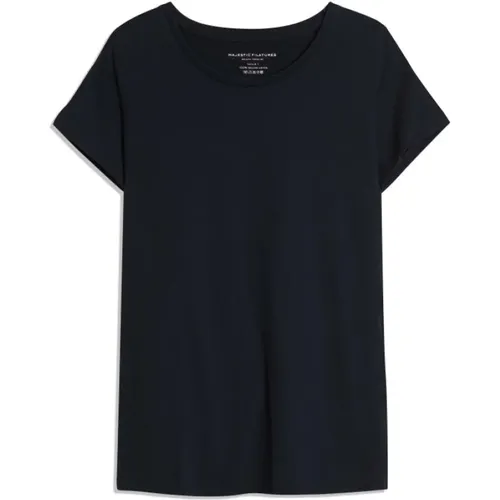 Marineblaues T-Shirt aus 100% Baumwolle mit kurzen Ärmeln , Damen, Größe: L - majestic filatures - Modalova