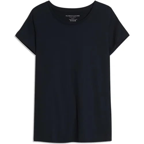 Marineblaues T-Shirt aus 100% Baumwolle mit kurzen Ärmeln , Damen, Größe: XL - majestic filatures - Modalova