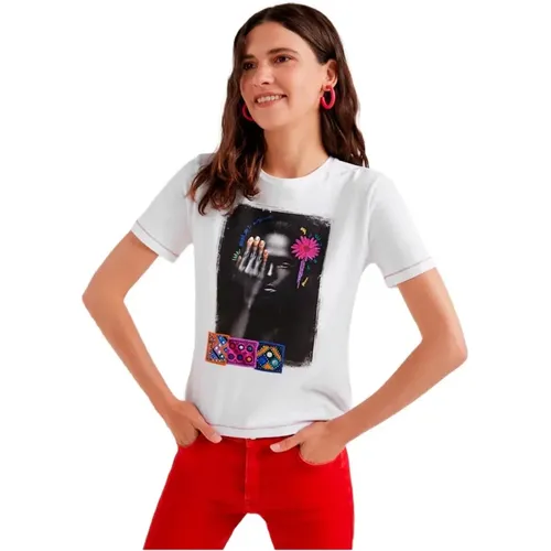 Printed Round Neck Womens T-shirt , female, Sizes: XS - Desigual - Modalova