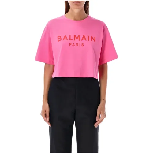 Cropped Logo T-Shirt Fucsia Rose , Damen, Größe: S - Balmain - Modalova