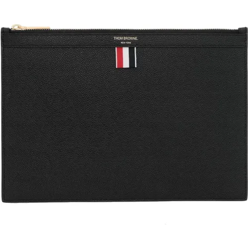 Schwarze Leder-Dokumentenmappe mit Tricolor-Futter , Herren, Größe: ONE Size - Thom Browne - Modalova