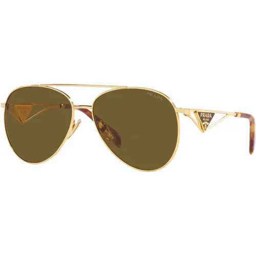 Gold/Dunkelbraune Sonnenbrille , Damen, Größe: 61 MM - Prada - Modalova