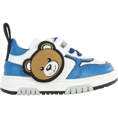 Weiße und Blaue Ledersneakers mit Teddybär-Patch - Größe 23 - Moschino - Modalova