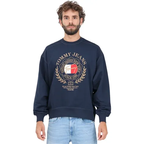 Blauer Crewneck Pullover mit Logo-Stickerei , Herren, Größe: L - Tommy Jeans - Modalova