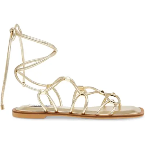 Goldene Flache Ledersandalen mit Knöchelriemen , Damen, Größe: 37 1/2 EU - Steve Madden - Modalova