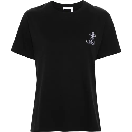 Schwarze T-Shirts und Polos mit gesticktem Logo , Damen, Größe: M - Chloé - Modalova