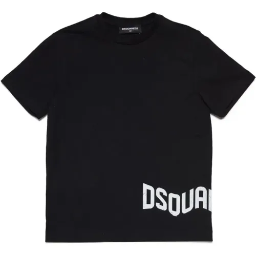 Schwarzes Baumwoll-T-Shirt mit Logo-Print,Wellen-Effekt Logo T-Shirt - Dsquared2 - Modalova